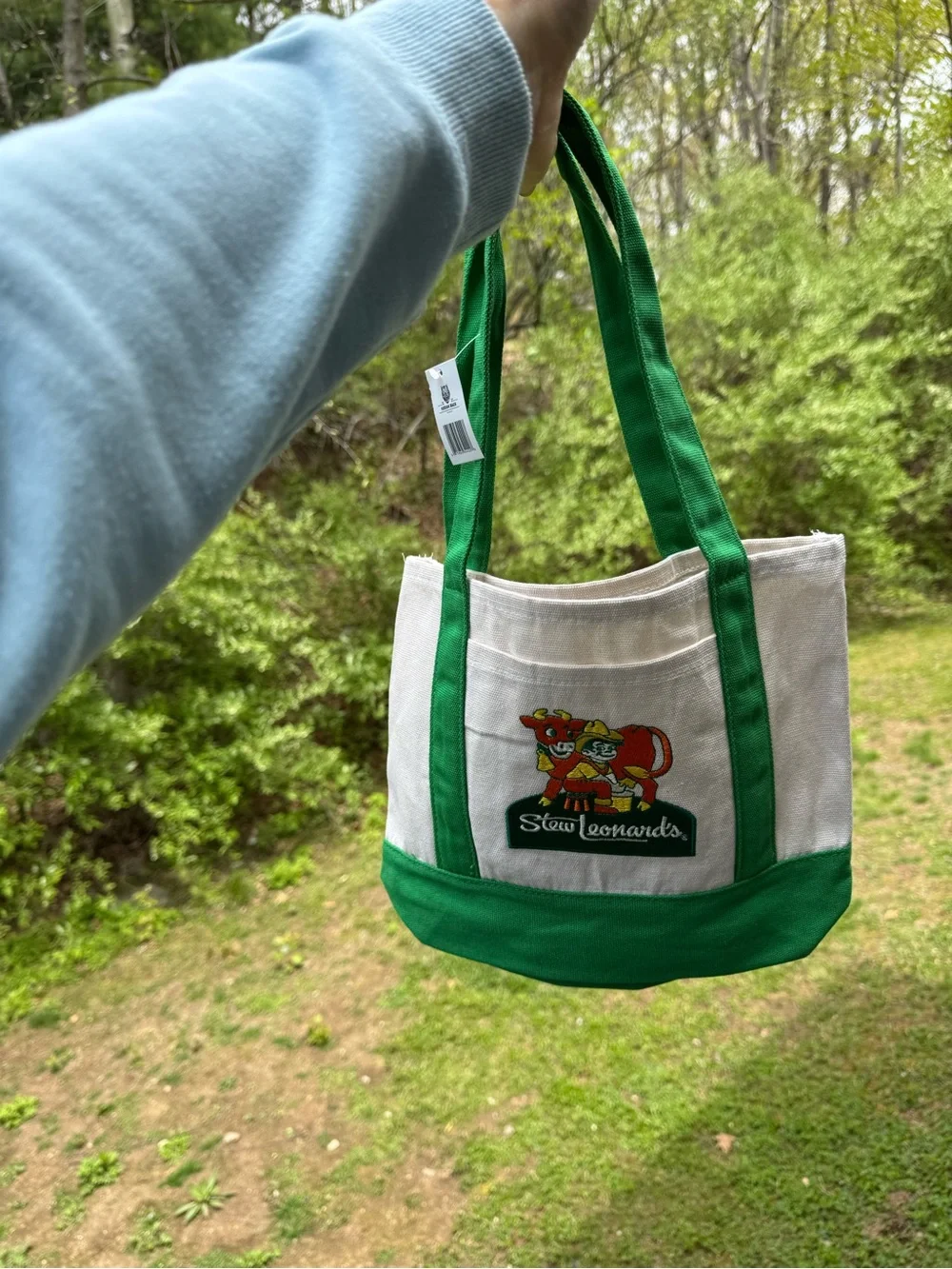 Stew Leonard’s Mini Canvas Tote with Green Trim and Embroidered Cow - Picture 5 of 5
